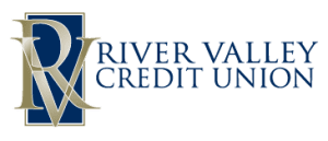 Gold intertwined ‘R’ and ‘V’ overlaying a dark-blue rectangle, followed by the text ‘River Valley Credit Union’ in navy serif font.