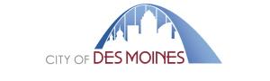 City of Des Moines logo with a blue arch and downtown skyline silhouette.