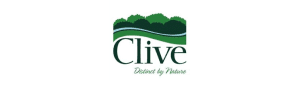 City of Clive logo depicting a green landscape with a blue river and the tagline 'Distinct by Nature.