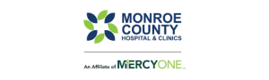 Monroe County Hospital & Clinics logo featuring a circular arrangement of green leaves forming a medical cross.