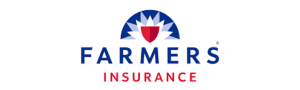Farmers Insurance logo depicting a red shield over a blue sunrise with 'Farmers Insurance' text below.