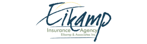 Eikamp Insurance Agency logo featuring the company name in blue serif font with a shield icon.