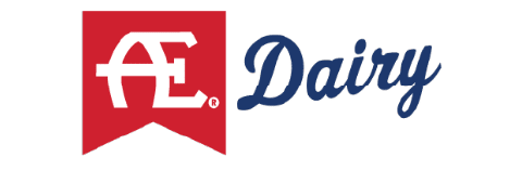 Red banner with a white Æ symbol next to the word ‘Dairy’ in blue script.