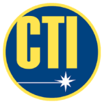 A gold-outlined blue circle containing bold gold letters ‘CTI’ with a white eight-pointed star and thin white line at the bottom.