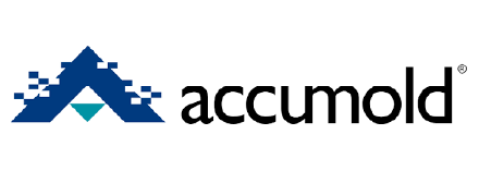 Navy-blue pixelated ‘A’ shape with a small teal triangle underneath, beside the lowercase black text ‘accumold.’