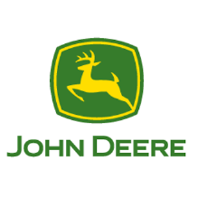 Yellow leaping deer inside a green shield with yellow border, above the text ‘JOHN DEERE’ in green uppercase letters.