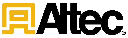 Gold geometric icon resembling an aerial lift next to the word ‘Altec’ in black sans-serif type on a transparent background.