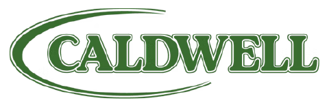 Dark-green uppercase serif text ‘CALDWELL’ outlined in white, with two curved green swoosh lines above and below on a transparent background.