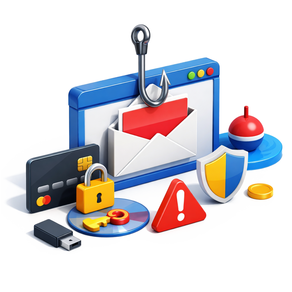 A stylized illustration showing security awareness training concepts, including a web browser window with an email being hooked by a phishing hook, surrounded by icons such as a credit card, padlock, shield, warning triangle, USB drive, and a fishing bobber.